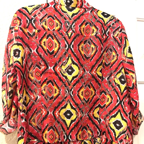 Ruby Rd. Red Yellow Black Ikat Button-Front Blouse - Picture 2 of 7